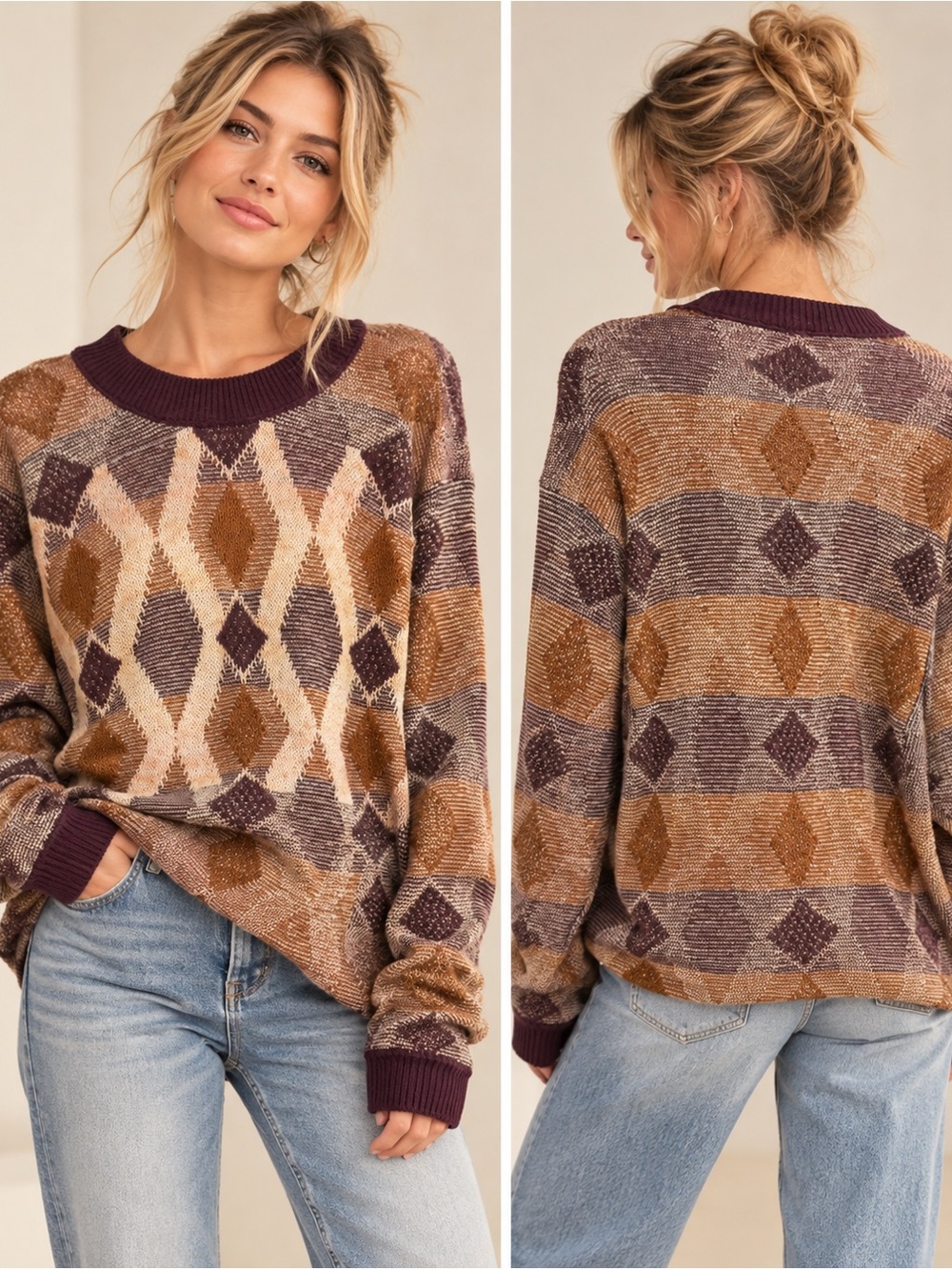 Free People Abstract Argyle Oversized Knit Sweater Burgundy Brown Cream Size M